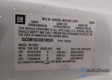 2005 Chevrolet Astro z USA, uszkodzony, nr VIN 1GCDM19X35B108569